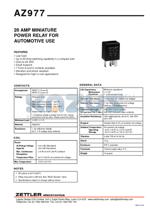 AZ977-1A-6D datasheet - 20 AMP MINIATURE POWER RELAY FOR AUTOMOTIVE USE