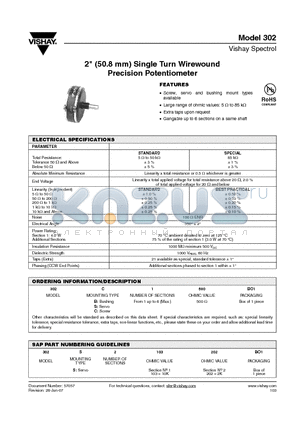 302S1500BO1 datasheet - 2 (50.8 mm) Single Turn Wirewound recision Potentiometer