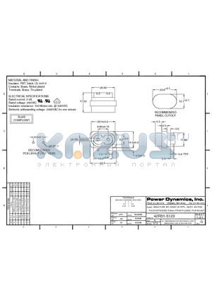 42R51-5123 datasheet - MINIATURE IEC 60320 C8 APPL. INLET; MATING FACE EXTENDED 5.5mm FROM FLANGE, PCB MOUNT