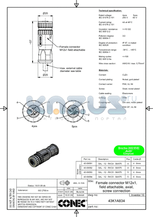 43-00091 datasheet - Female connector M12x1, field attachable, axial, screw connection