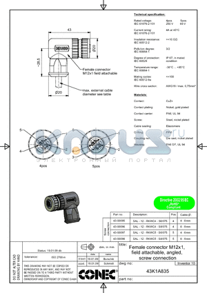43-00097 datasheet - Female connector M12x1, field attachable, angled, screw connection