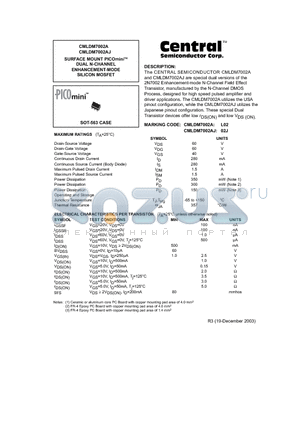 CMLDM7002A datasheet - SURFACE MOUNT PICOmini DUAL N-CHANNEL ENHANCEMENT-MODE SILICON MOSFET