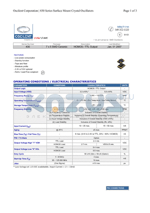 430-2.0M-1EC-T datasheet - 7 x 5 SMD Ceramic HCMOS / TTL Output