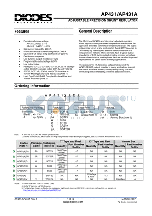 AP431AG-13 datasheet - ADJUSTABLE PRECISION SHUNT REGULATOR