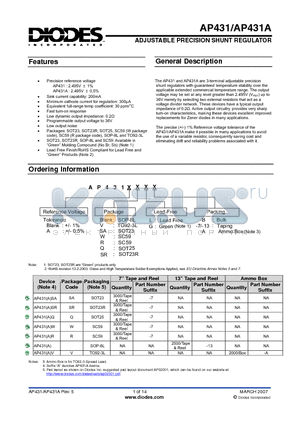 AP431AG-7 datasheet - ADJUSTABLE PRECISION SHUNT REGULATOR