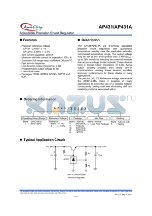 AP431AL datasheet - Adjustable Precision Shunt Regulator