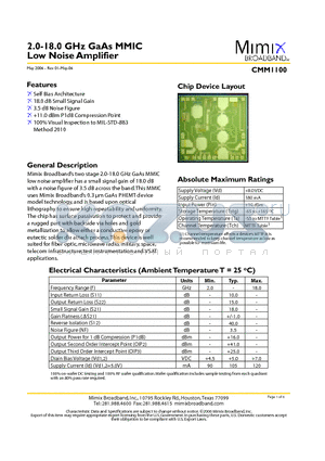 CMM1100 datasheet - 2.0-18.0 GHz GaAs MMIC Low Noise Amplifier