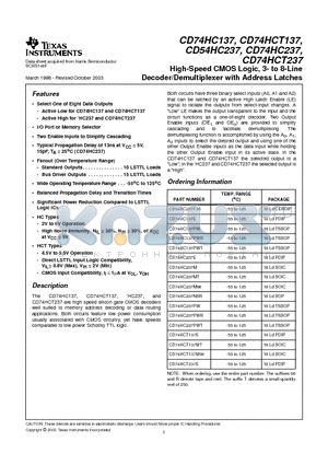 CD74HC137 datasheet - High-Speed CMOS Logic, 3- to 8-Line Decoder/Demultiplexer with Address Latches