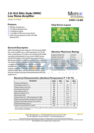 CMM1110-BD-000V datasheet - 2.0-18.0 GHz GaAs MMIC Low Noise Amplifier