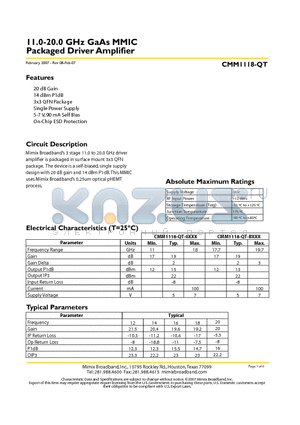 CMM1118-QT datasheet - 11.0-20.0 GHz GaAs MMIC Packaged Driver Amplifier