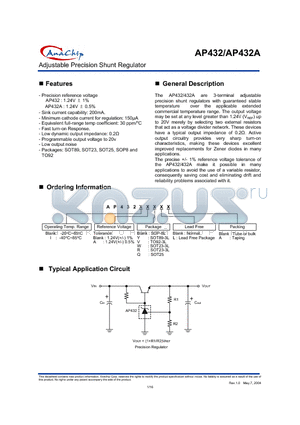 AP432A datasheet - Adjustable Precision Shunt Regulator