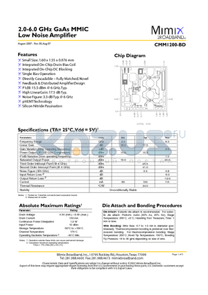 CMM1200-BD datasheet - 2.0-6.0 GHz GaAs MMIC Low Noise Amplifier