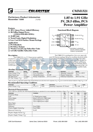 CMM1321-AK-000T datasheet - 1.85 to 1.91 GHz 5V, 28.5 dBm, PCS Power Amplifier