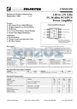 CMM1330 datasheet - 1.85 to 1.91 GHz 3V, 30 dBm PCS/PCN Power Amplifier