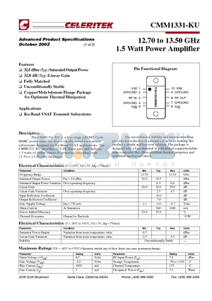 CMM1331-KU datasheet - 12.70 to 13.50 GHz 1.5 Watt Power Amplifier