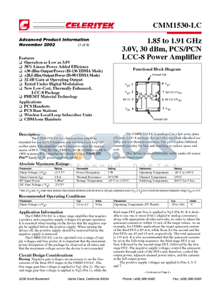 CMM1530-LC-00S0 datasheet - 1.85 to 1.91 GHz 3.0V, 30 dBm, PCS/PCN LCC-8 Power Amplifier