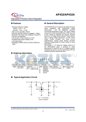 AP432AQL datasheet - Adjustable Precision Shunt Regulator