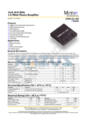 CMM1631-SM datasheet - 16.0-18.0 GHz 1.5-Watt Power Amplifier