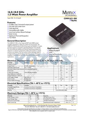 CMM1631-SM-0G0T datasheet - 16.0-18.0 GHz 1.5-Watt Power Amplifier
