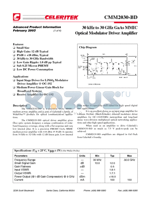 CMM2030-BD datasheet - 30 KHZ TO 30 GHZ GAAS MMIC OPTICAL MODULATOR DRIVER AMPLIFIER