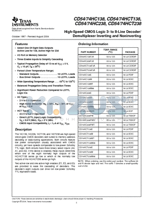 CD74HC138E datasheet - High-Speed CMOS Logic 3- to 8-Line Decoder/ Demultiplexer Inverting and Noninverting