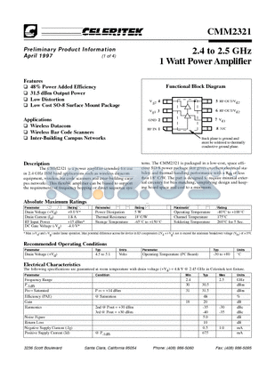 CMM2321-AK-000T datasheet - 2.4 to 2.5 GHz 1 Watt Power Amplifier