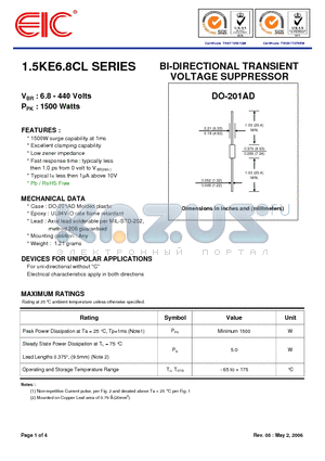 1.5KE200CL datasheet - BI-DIRECTIONAL TRANSIENT VOLTAGE SUPPRESSOR