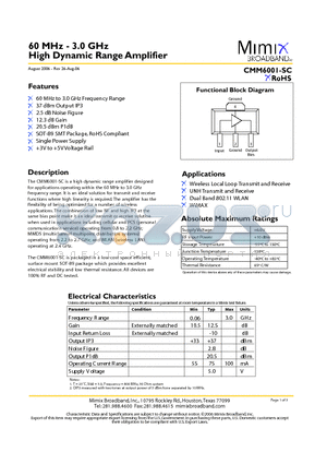 CMM6001-SC datasheet - 60 MHz - 3.0 GHz High Dynamic Range Amplifier