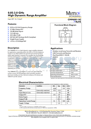 CMM6001-SC datasheet - 0.05-3.0 GHz High Dynamic Range Amplifier