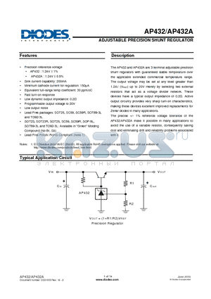 AP432G-13 datasheet - ADJUSTABLE PRECISION SHUNT REGULATOR