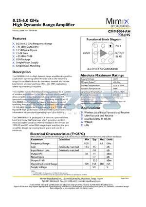 CMM6004-AH datasheet - 0.25-6.0 GHz High Dynamic Range Amplifier