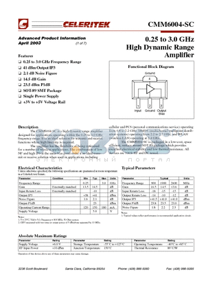 CMM6004-SC datasheet - 0.25 TO 3.0 GHZ HIGH DYNAMIC RANGE AMPLIFIER
