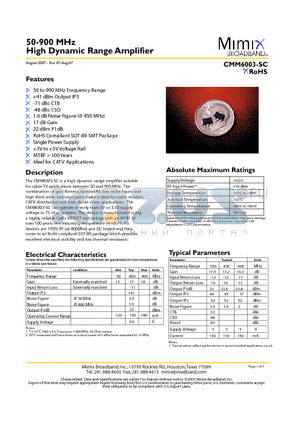 CMM6003-SC-0G00 datasheet - 50-900 MHz High Dynamic Range Amplifier