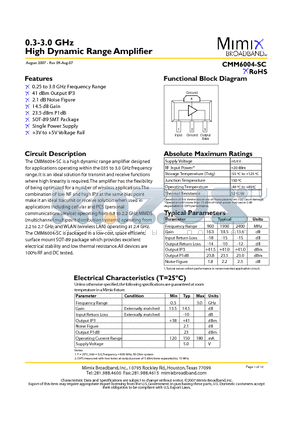 CMM6004-SC-0G0T datasheet - 0.3-3.0 GHz High Dynamic Range Amplifier