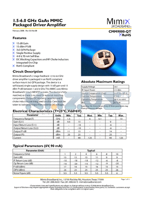 CMM9000-QT datasheet - 1.5-6.0 GHz GaAs MMIC Packaged Driver Amplifier