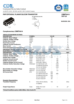 CMMT591A datasheet - PNP EPITAXIAL PLANAR SILICON TRANSISTOR