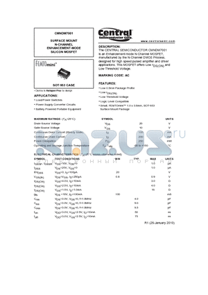 CMNDM7001 datasheet - SURFACE MOUNT N-CHANNEL ENHANCEMENT-MODE SILICON MOSFET