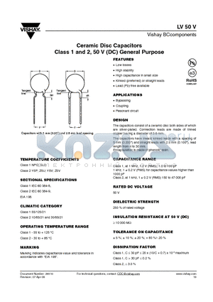 D270J20C0GF6.J5R datasheet - Ceramic Disc Capacitors Class 1 and 2, 50 V (DC) General Purpose