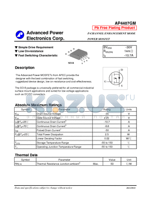 AP4407GM datasheet - P-CHANNEL ENHANCEMENT MODE POWER MOSFET