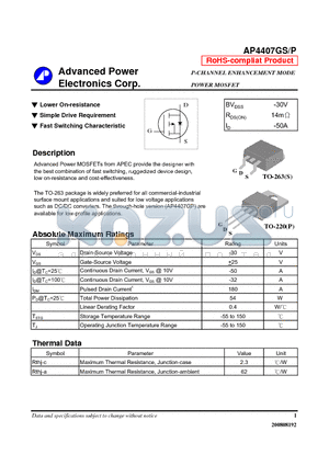 AP4407GP datasheet - Lower On-resistance, Simple Drive Requirement