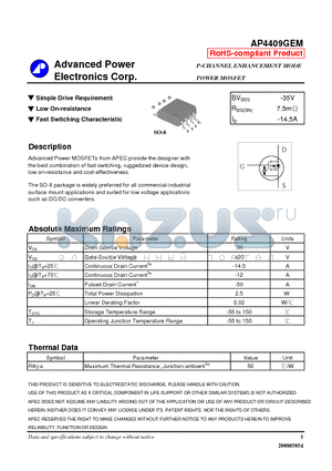 AP4409GEM datasheet - P-CHANNEL ENHANCEMENT MODE