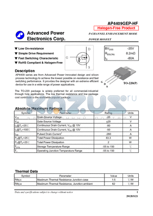 AP4409GEP-HF datasheet - Low On-resistance, Simple Drive Requirement, Fast Switching Characteristic