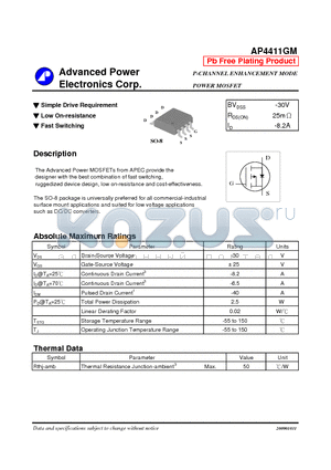 AP4411GM datasheet - Simple Drive Requirement, Low On-resistance