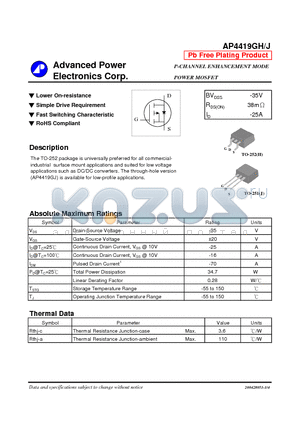 AP4419GH datasheet - P-CHANNEL ENHANCEMENT MODE POWER MOSFET