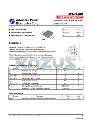AP4424AGM datasheet - Low On-resistance, Simple Drive Requirement
