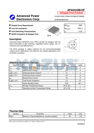 AP4423GM-HF datasheet - Simple Drive Requirement, Low On-resistance