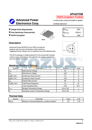 AP4427GM datasheet - Simple Drive Requirement, Fast Switching Characteristic