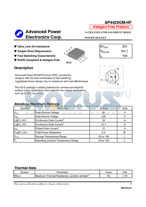 AP4429GM-HF datasheet - Ultra_Low On-resistance, Simple Drive Requirement