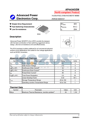 AP4430GEM datasheet - Simple Drive Requirement, Fast Switching Characteristic
