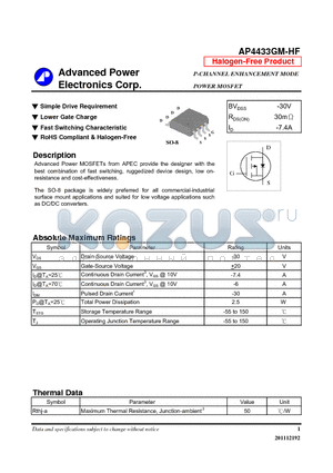 AP4433GM-HF datasheet - Simple Drive Requirement, Lower Gate Charge